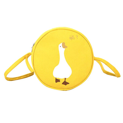 Cute Women Cartoon Duck Print Zipper Round Small Canvas Crossbody Shoulder Bag