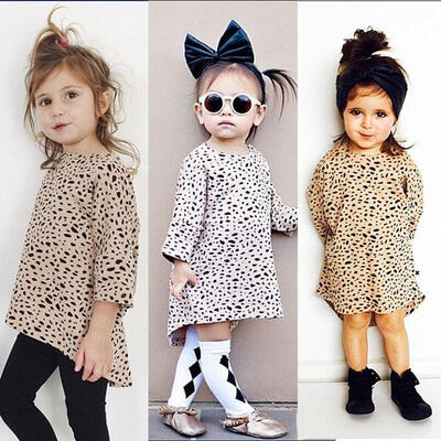Fashion Baby Kids Girls Casual 34 Long Sleeved Leopard Cotton Short Dress 0-5Y