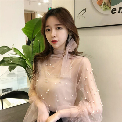 Office Net Yarn Perspective Women Blouse Summer BeadingLong Flare Sleeve Bow Tie Callor Mesh Blusa Transparent Solid Tops
Office Net Yarn Perspective Women Blouse Summer BeadingLong Flare Sleeve Bow Tie Callor Mesh Blusa Transparent Solid Tops
