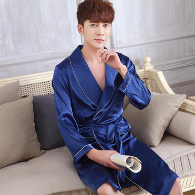 Mens Silk Robe Long Sleeve Nightgown Silk Imitation Plus Size Robe Nightgown