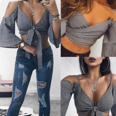 Summer Womens Ladies Sexy Off-Shoulder Vest Fashion Long Sleeve Navel Strap Top