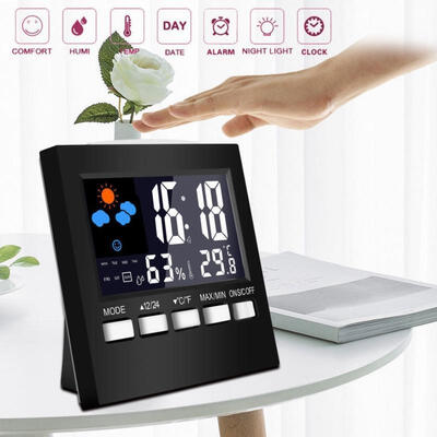 Digital Display Thermometer humidity clock Colorful LCD Alarm Calendar Weather
Digital Display Thermometer humidity clock Colorful LCD Alarm Calendar Weather