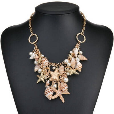 Retro Lady Features Beach Shiny Jewelry Pearl Starfish Shell Pendant Jewelry Necklace