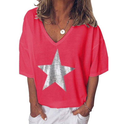 Fashion T Shirt Women Sequins V-Neck Five-Pointed Star Print Tees Female Short Sleeve Street Ladies Plus Size
Fashion T Shirt Women Sequins V-Neck Five-Pointed Star Print Tees Female Short Sleeve Street Ladies Plus Size