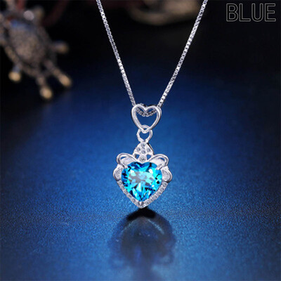 Hollow Pendant Blue Crystal Long Charm Necklace Romantic Love Heart Style Alloy Trendy Lady Classic Party