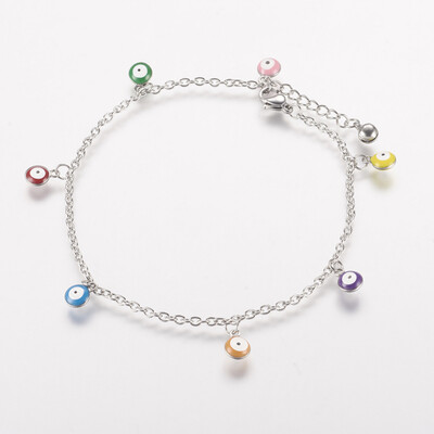 304 Stainless Steel Charm Anklets with Enamel Charms Evil Eye Platinum Colorful 10-38"263mm 2mm
304 Stainless Steel Charm Anklets with Enamel Charms Evil Eye Platinum Colorful 10-38"263mm 2mm