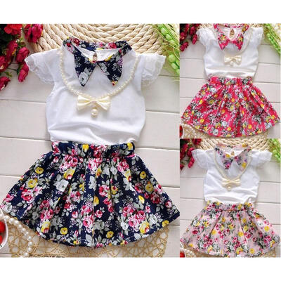 2Pcs Baby Girls Kids TopSkirts Princess Sets Necklace Floral Party Outfits 2-7Y