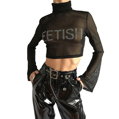 women Black Sexy Perspective High Collar T-shirt Letter Pattern Mesh Leaking Navel Womens T-shirt
women Black Sexy Perspective High Collar T-shirt Letter Pattern Mesh Leaking Navel Womens T-shirt