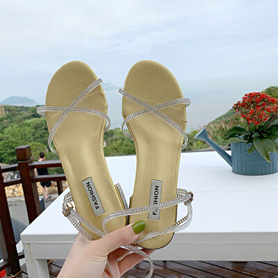 Sandals female ins tide summer thick heel fashion Joker fairy wind word with rhinestone heels 
Sandals female ins tide summer thick heel fashion Joker fairy wind word with rhinestone heels