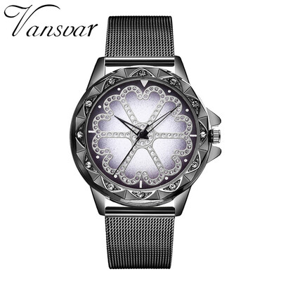 RM vansvar Casual Quartz Stainless Steel Band Women Lucky Flower Rhinestone Watch