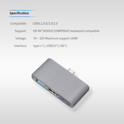 Type-C to HDUSB31 Multi-port Adapter 3-in-1 Hub Converter 4K UHD Fast Data Transfer for Projector USB Driver Phone Silver 
Type-C to HDUSB31 Multi-port Adapter 3-in-1 Hub Converter 4K UHD Fast Data Transfer for Projector USB Driver Phone Silver