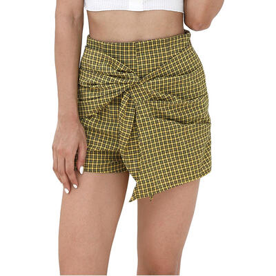 Summer Wide-Leg Casual Women Plaid Hip-wrapped Shorts Cotton Short Pants