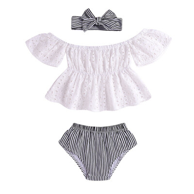 Baby Girl Outfits Set Off-shoulder Hollow Design Top T-shirtStriped PP ShortsHeadband 3 Pcs Infant Clothes
Baby Girl Outfits Set Off-shoulder Hollow Design Top T-shirtStriped PP ShortsHeadband 3 Pcs Infant Clothes