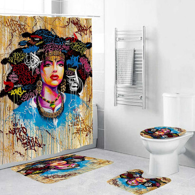 Gobestart 4PCS Non Slip Toilet Polyester Cover Mat Set Bathroom Shower Curtain