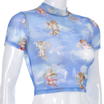 Angel Printed T-Shirt Sexy Shirt Sleeve Collar Navel tshirt Dew Mesh Short Slim Top Half-High Crop
Angel Printed T-Shirt Sexy Shirt Sleeve Collar Navel tshirt Dew Mesh Short Slim Top Half-High Crop