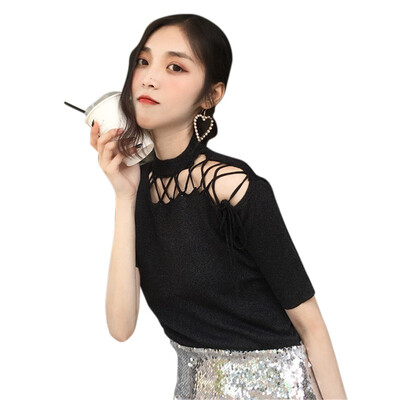 Summer T Shirt Women Irregular Collar Hollow Knitted Short Sleeves Tee Shirt High Elasticity Breathable Top Female Tshirt
Summer T Shirt Women Irregular Collar Hollow Knitted Short Sleeves Tee Shirt High Elasticity Breathable Top Female Tshirt
