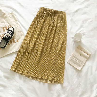 Polka Dot Print Skirt Women Elastic Waist Lace Up Summer Skirts Pleated Long Skirt Ladies Elegant Female Elegant