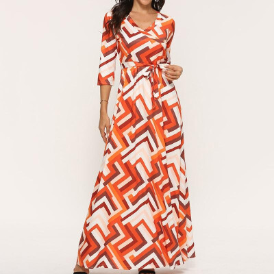 Fashion Women Maxi Long Dress 34 Sleeves Geometrical Printed V Neck Belted High Waist Boho Holiday Spring Autumn Casual Dress
Fashion Women Maxi Long Dress 34 Sleeves Geometrical Printed V Neck Belted High Waist Boho Holiday Spring Autumn Casual Dress