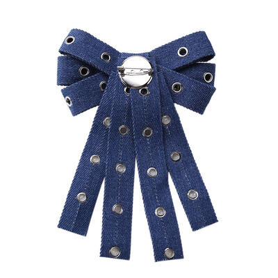 Women Denim Cloth Pearl Bowknot Blouse Tie Knot Brooch Neckline Decoration