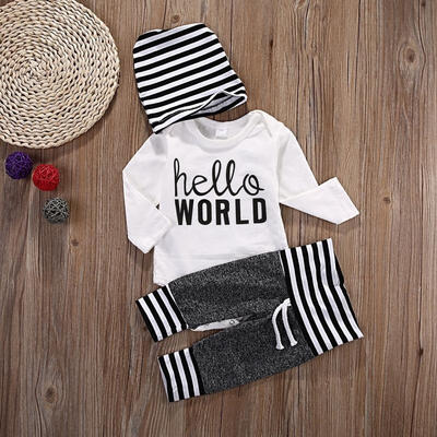 3pcs Cotton Newborn Infant Baby Girl Boy Clothes Bodysuit Romper Jumpsuit Playsuit Outfits hat