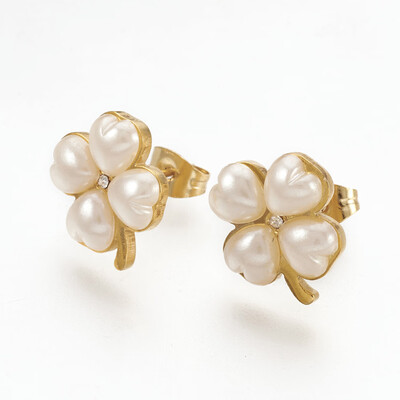 304 Stainless Steel Rhinestone Stud Earrings with Acrylic Pearl Beads Clover Golden AntiqueWhite 14x12x4mm Pin 07mm
304 Stainless Steel Rhinestone Stud Earrings with Acrylic Pearl Beads Clover Golden AntiqueWhite 14x12x4mm Pin 07mm