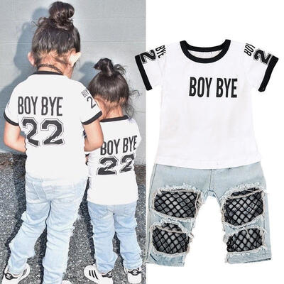 Newborn Kids Baby Girls T-shirt Tops Mesh Hole Denim Pants Jeans Outfits Clothes