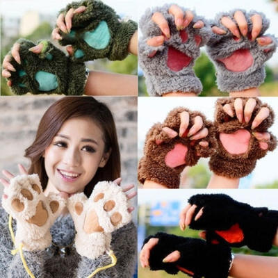 Lovely Women Cat Claw Paw Mitten Plush Glove Costume Cute Winter Half Finger