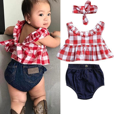 3pcs Kids Babys Plaid Outfit TopsBlue Pants Fashion Summer Clothes Hairband