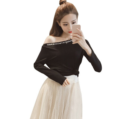 Female T-Shirt Off Shoulder Slash Neck Sexy Top Long Sleeve Womens T-shirts