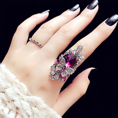 Fashion Retro Sapphire Amethyst Inlay Butterfly Ring Crystal Jewelry