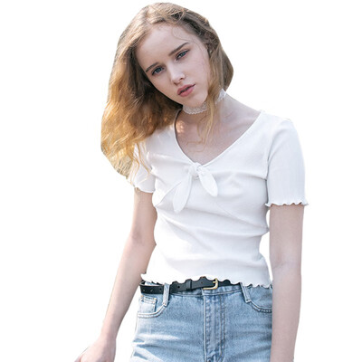 Summer Female Harajuku T-shirt Sexy V Neck Solid Short Sleeve tshirt Knitted t shirt Women with Bow
Summer Female Harajuku T-shirt Sexy V Neck Solid Short Sleeve tshirt Knitted t shirt Women with Bow