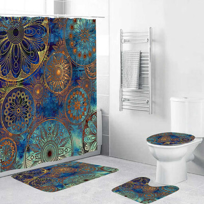 Gobestart 4PCS Non Slip Toilet Polyester Cover Mat Set Bathroom Shower Curtain