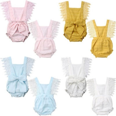 Infant Baby Girls Romper Lace Bodysuit Sleeveless Jumpsuit Playsuit with Bowknot Summer Outfit 0-18M