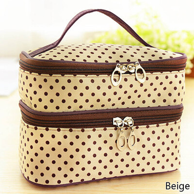 Portable Double-Deck Cosmetic Bag Dot Pattern Makeup Bag Set Kit Toiletry Bag