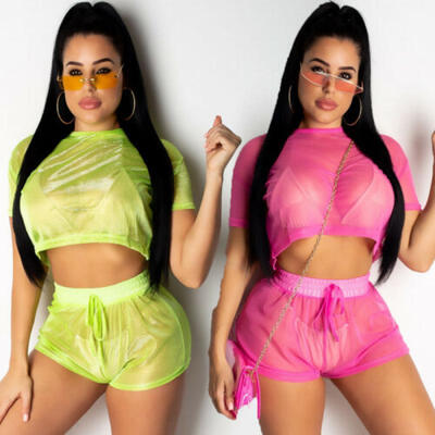 2pcs Set Womens Summer Short Sleeves Bodycon Club Mesh Casual Jumpsuit Playsuits
