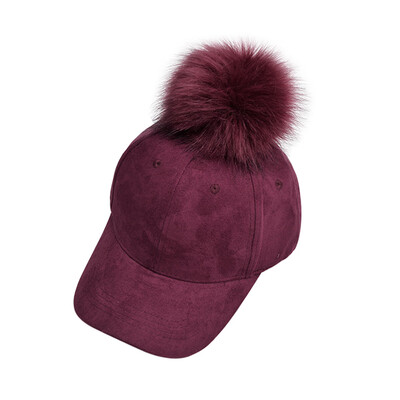 Women Unisex Faux Buckskin Pom Pom Ball Suede Adjustable Baseball Cap