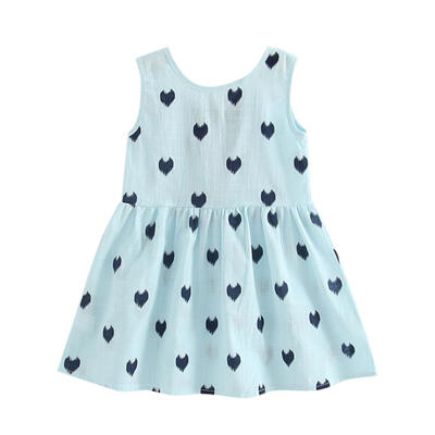 Fashion Girls Vest Dress Hearts Print Cute Bowknot Back O-Neck Kids Clothes