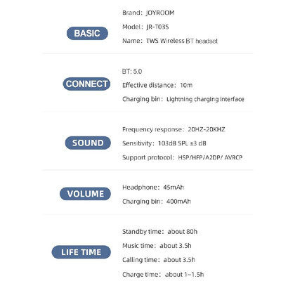 Joyroom BT Wire-less Earphone Mini Sport Headphone TWS V50 In-ear Headset Earbuds
Joyroom BT Wire-less Earphone Mini Sport Headphone TWS V50 In-ear Headset Earbuds