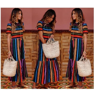 Women Summer Boho Stripe Colorful Short Sleeve Casual Long Maxi Dress Party Beach Sundress
Women Summer Boho Stripe Colorful Short Sleeve Casual Long Maxi Dress Party Beach Sundress