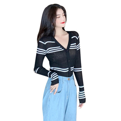 Sweater Cardigans Women V-neck Striped Long Sleeve Slim Sweater Short Knit Casual Autumn Wild Female Cardigans
Sweater Cardigans Women V-neck Striped Long Sleeve Slim Sweater Short Knit Casual Autumn Wild Female Cardigans