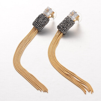 Fashionable Brass Tassel Polymer Clay Rhinestone Ear Studs Golden 111x12mm Pin 06mm