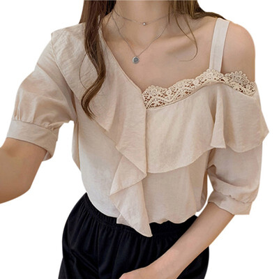 Women Summer flounced chiffon Solid Color Off Shoulder Stitching Round Neck Short Sleeve Hollow Chiffon Casual Shirt
Women Summer flounced chiffon Solid Color Off Shoulder Stitching Round Neck Short Sleeve Hollow Chiffon Casual Shirt