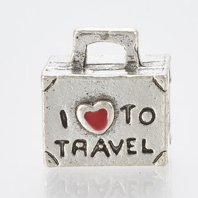 Alloy European Beads with Enamel Large Hole Beads Travelling Bag with Phrase I Love to Travel Antique Silver 13x12x8mm
Alloy European Beads with Enamel Large Hole Beads Travelling Bag with Phrase I Love to Travel Antique Silver 13x12x8mm