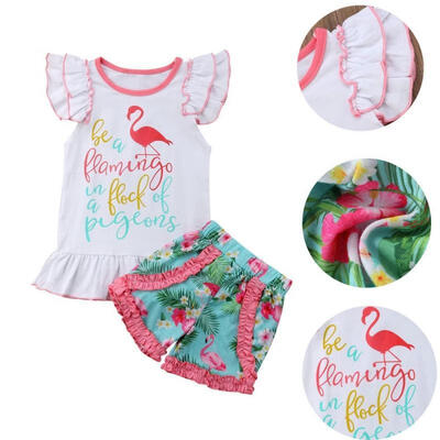 Toddler Baby Kid Moltres Ruffle T-shirt TopFloral Shorts Pants Girl Sunsuit US