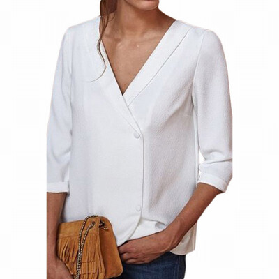 Solid color V-neck button seven-point sleeve tooling white-collar professional womens shirt
Solid color V-neck button seven-point sleeve tooling white-collar professional womens shirt