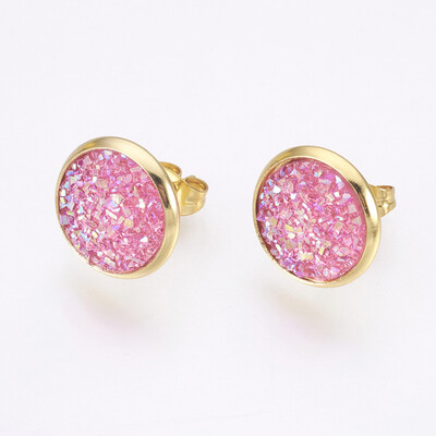 Resin Stud Earrings with Golden Tone 304 Stainless Steel Findings Flat Round Druzy Resin HotPink 14515mm Pin 07mm