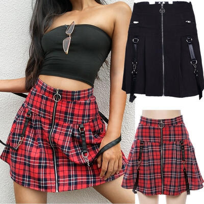 Hot Girl Female Red Black Plaid Strap Zipper Dress Retro High Waist Belt Skirt