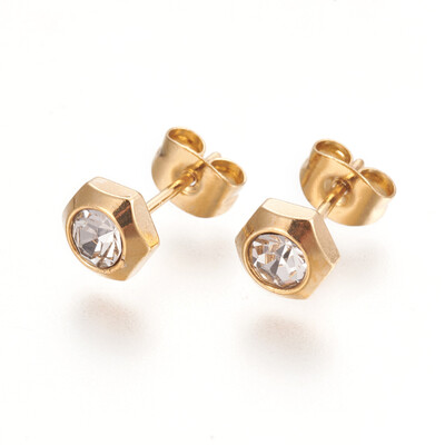 304 Stainless Steel Ear Studs with Rhinestone Hexagon Crystal Golden 6x65x3mm Pin 08mm
304 Stainless Steel Ear Studs with Rhinestone Hexagon Crystal Golden 6x65x3mm Pin 08mm