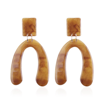 Resin Dangle Earrings with Alloy Rectangle with Letter U Golden Plated Peru 80x45mm