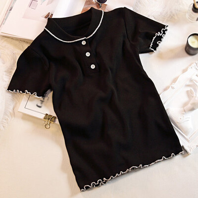 Korean Style Solid Color button Turn Collar Neck Short-sleeved T-shirts Simple Casual Womens Knitted Tops
Korean Style Solid Color button Turn Collar Neck Short-sleeved T-shirts Simple Casual Womens Knitted Tops
